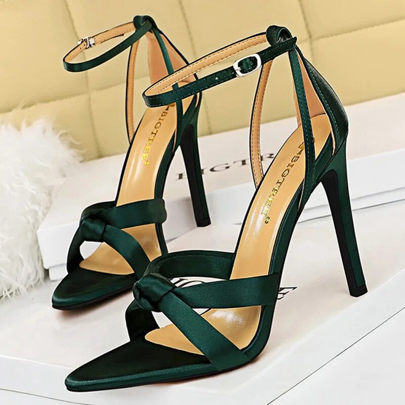 Aichashi New Summer Women 8.5cm 11cm High Heels Sandals Nightclub Stripper Heels Sexy Silk Satin Sandles Party Ankle Strap Open Toe Shoes