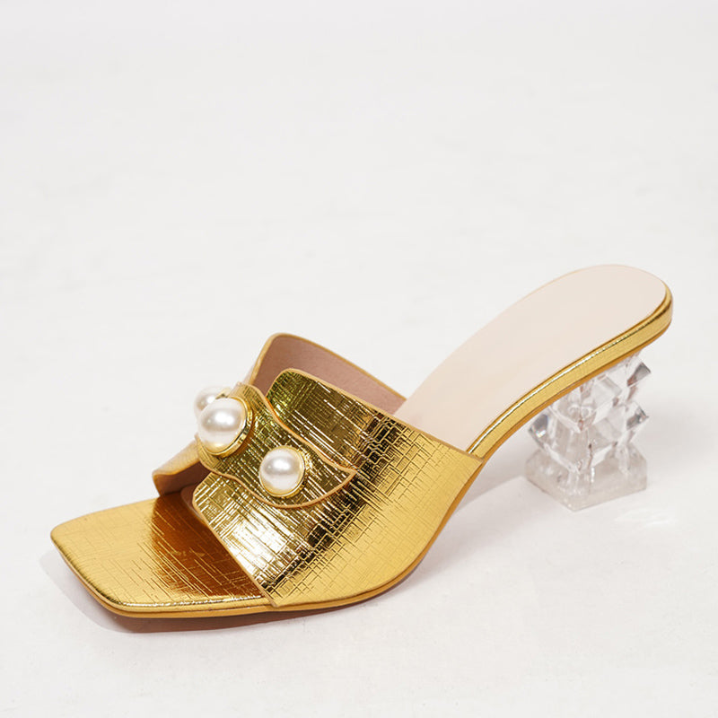 Aichashi 2024 Fashion Chic Transparent Heels Slippers For Women Pearl Leather Square Toe Summer Sandals Female Shoes Mules Slides