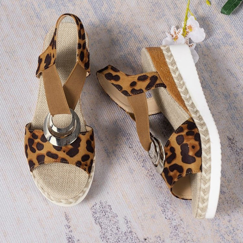 Aichashi Fashion Leopard Print Women's Sandals Metal Decoration Wedges Sandalias Mujer Lightweight Non-Slip Gladiator Shoes Women