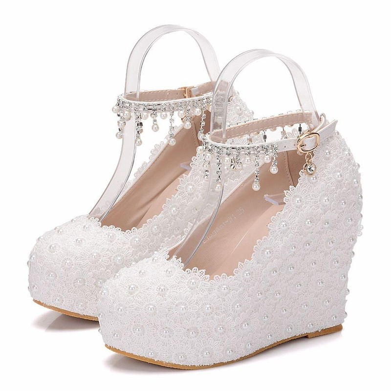 Aichashi Crystal Queen White Wedges Wedding Pumps Sweet White Flower Lace Pearl Platform Pump Shoes Classic Bride Dress High Heeled Lady