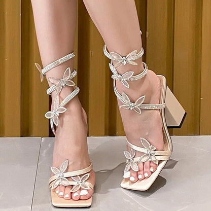 Aichashi New Design Butterfly-knot Ankle Strap Sandals Women Crystal Narrow Band Pumps Elegant Banquet Party High Heels Shoes