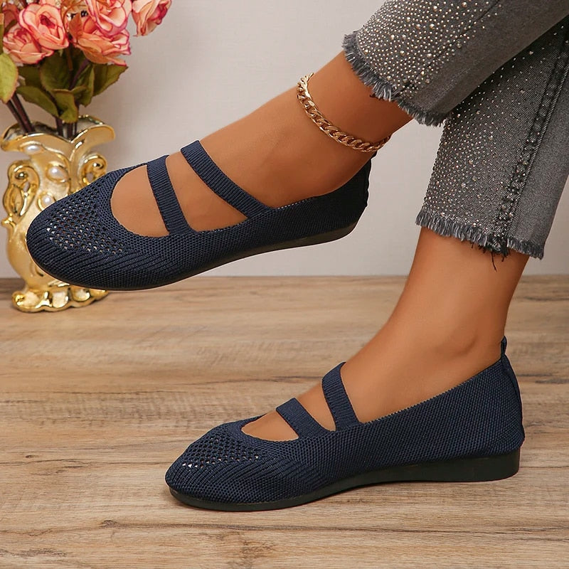 Aichashi Breathable Mesh Flats Women Spring Summer Fashion Strap Knitting Casual Shoes Woman Round Toe Flat Heels Sneakers Female