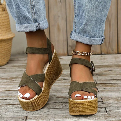 Aichashi Fashion Wedge Sandals for Women Summer Non-slip Peep Toe Platform Shoes Rubber Sole Buckle Elegant Heel Woman Sandale