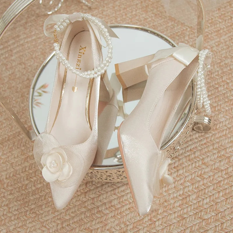 Aichashi Bridal Shoes 2024 New Flower High Heel Pumps Women Elegant Pearl Strap Wedding Party Shoes Woman Silk Pointed Toe Zapatos Mujer