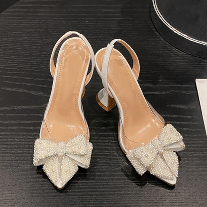 Aichashi Fashion Design White Pearl Bowknot Women Pumps Sexy Pointed Toe High Heels Wedding Prom Shoe PVC Transparent Sandal Female