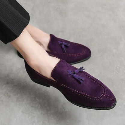 Aichashi Brand Design Men Suede Leather Shoes Moccasins Purple Tassel Pointed Men's Loafers Vintage Slip-on Casual Men Social Dress Shoe