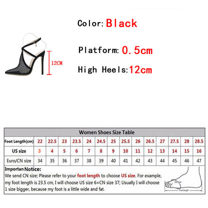 Aichashi New Fashion Black Mesh Pointed Toe Stiletto High Heels Sandals Female Ankle Buckle Strap Party Stripper Shoes Women Pumps