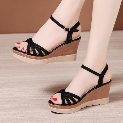 Aichashi Hot Sale Thick Sole Leather Casual Platform Sandals Women Summer High Heels Wedges Shoes for Office Beach Mother