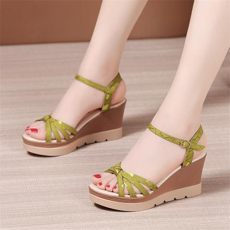 Aichashi Hot Sale Thick Sole Leather Casual Platform Sandals Women Summer High Heels Wedges Shoes for Office Beach Mother