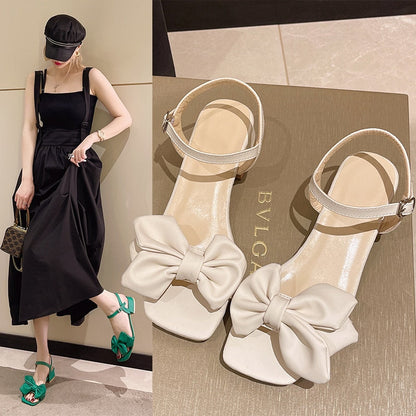 aichashi Large Solid Color Open-toe Sandals Women Summer New One-line Buckle Fashion Temperament Bow Knot Comfortable Women's Shoes