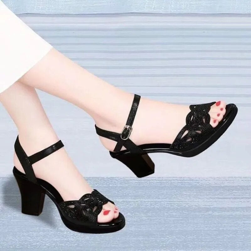 aichashi New Thick Heel Sandals Women's Summer Fish Mouth Women's Shoes Rhinestone High Heels Women's Black Mother Shoes Women