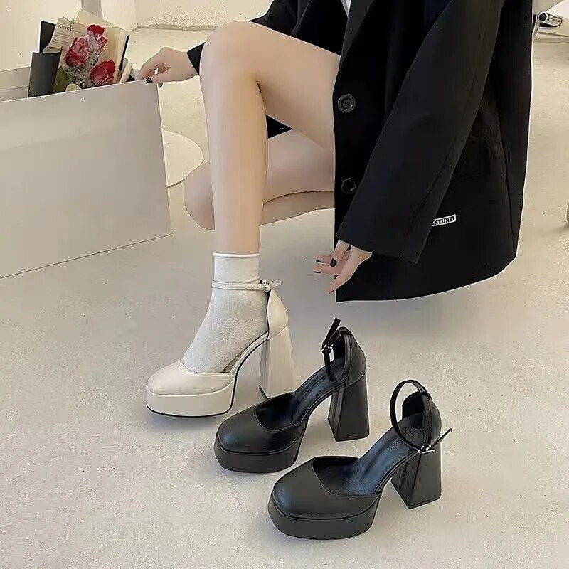 Aichashi Mary Jane Shoes Women New Spring Autumn Thick Heels High Heels Waterproof Platform Hollow Luxury Brand Women's Shoes Pumps