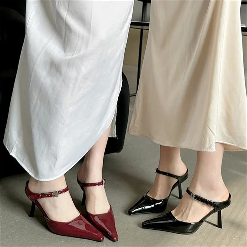 Aichashi New Design High Heels Woman Pumps  Buckle Strap Mules Slippers Sexy Pointed Toe Wedding Banquet Female Shoes