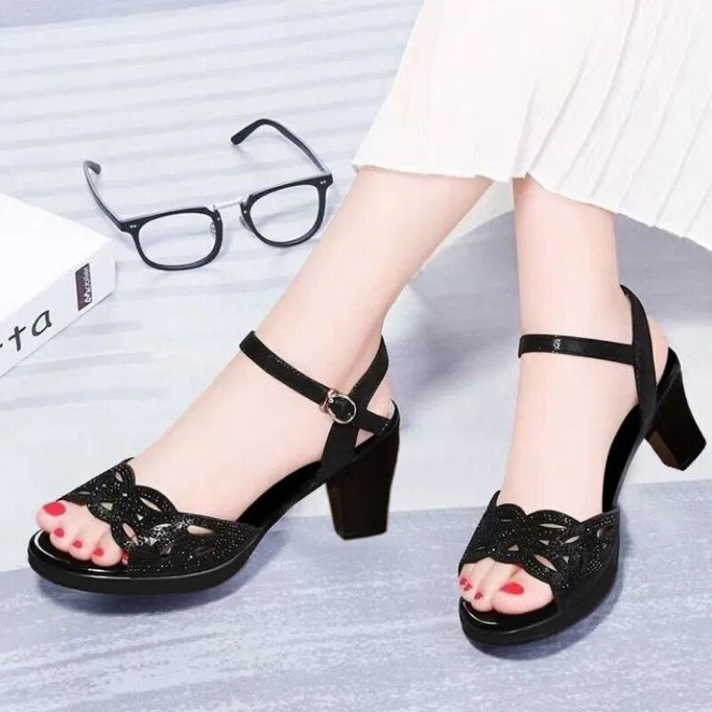 aichashi New Thick Heel Sandals Women's Summer Fish Mouth Women's Shoes Rhinestone High Heels Women's Black Mother Shoes Women