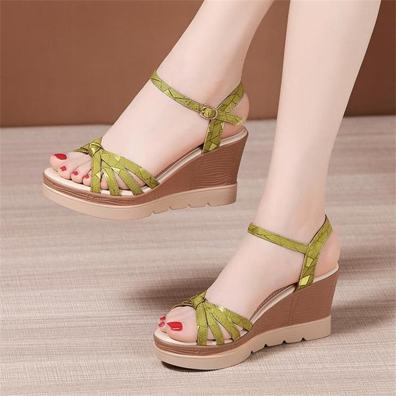 Aichashi Hot Sale Thick Sole Leather Casual Platform Sandals Women Summer High Heels Wedges Shoes for Office Beach Mother