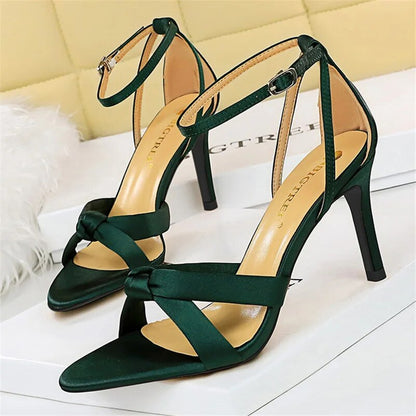 Aichashi New Summer Women 8.5cm 11cm High Heels Sandals Nightclub Stripper Heels Sexy Silk Satin Sandles Party Ankle Strap Open Toe Shoes