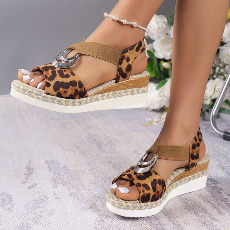 Aichashi Fashion Leopard Print Women's Sandals Metal Decoration Wedges Sandalias Mujer Lightweight Non-Slip Gladiator Shoes Women