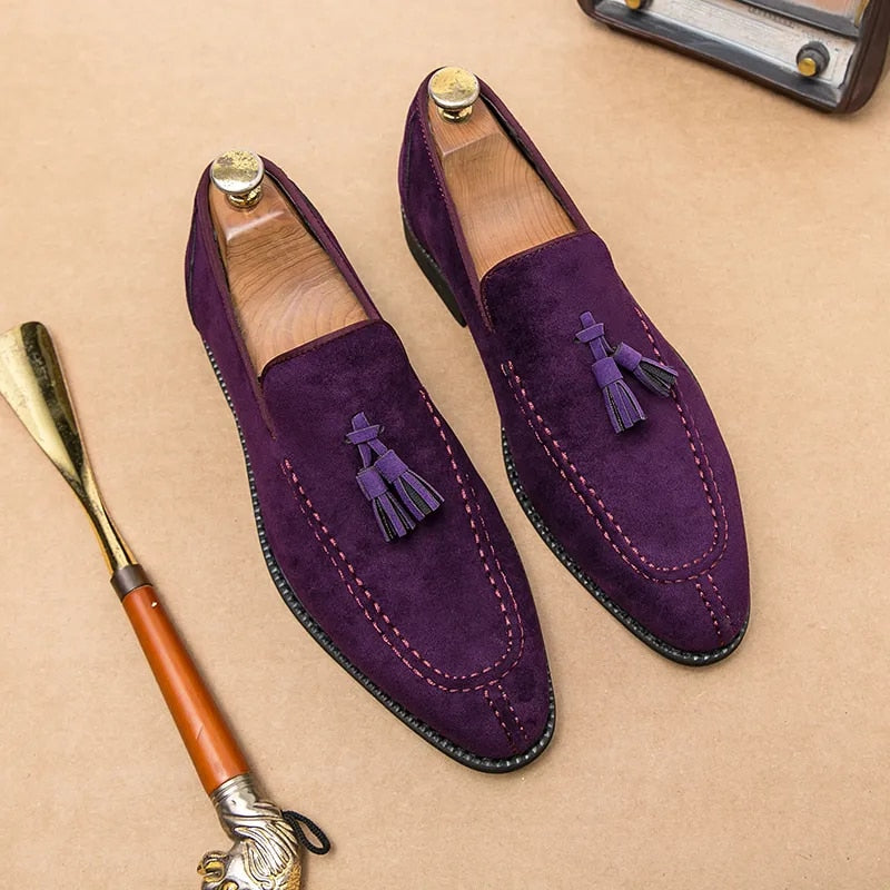 Aichashi Brand Design Men Suede Leather Shoes Moccasins Purple Tassel Pointed Men's Loafers Vintage Slip-on Casual Men Social Dress Shoe