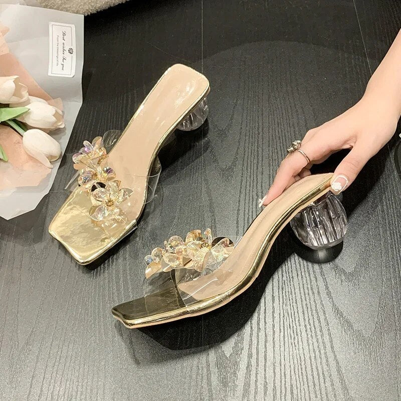 Aichashi Crystal Sandals Elegant Middle Heels Women slippers Summer Shoes Open Toe Sandal Chunky Heels Woman Red Gold Sliver