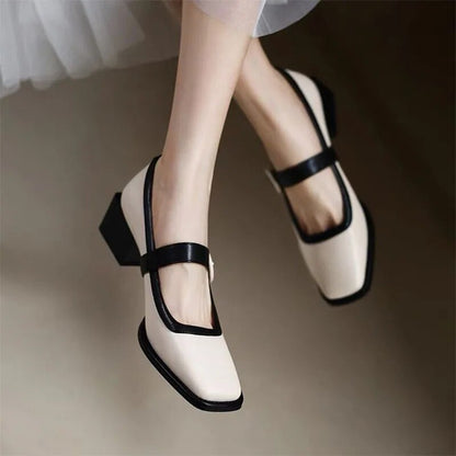 Aichashi New Women's Mary Jane Shoes Patchwork Pumps Square Toe Dress Shoes Mid Heels Elegant Ladies Shoes Round Buckle Designer