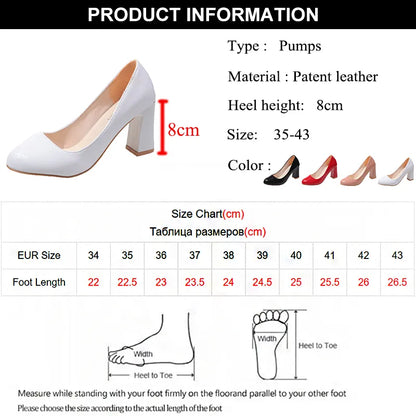 aichashi New Women's Square Heels Office Shoes Patent Leather High Heel Pumps Women Round Toe Slip-On Autumn Shoes for Female