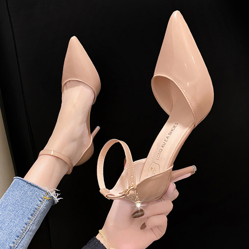 Aichashi Elegant Thin Heel Pumps Women New Ankle Strap Crystal High Heels Shoes Woman Pointed Toe Patent Leather Office Shoes